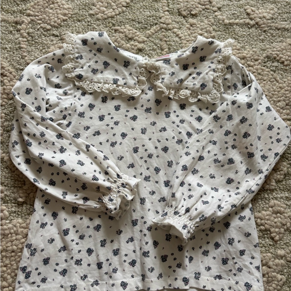 Zara Girls Floral Long Sleeve Blouse with Lace Collar